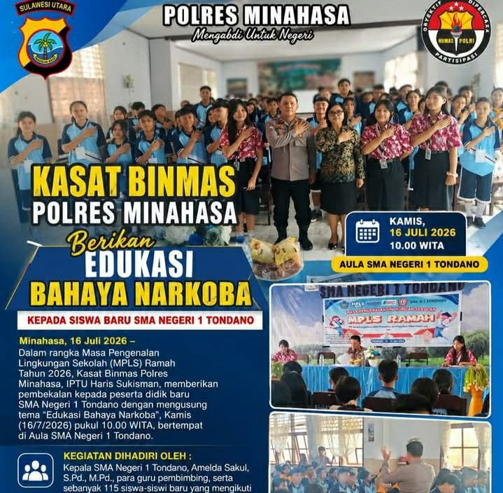 Dalam Rangka MPLS, Kasat Binmas Polres Minahasa Berikan Edukasi Bahaya Narkoba Kepada Siswa Baru SMAN 1 Tondano